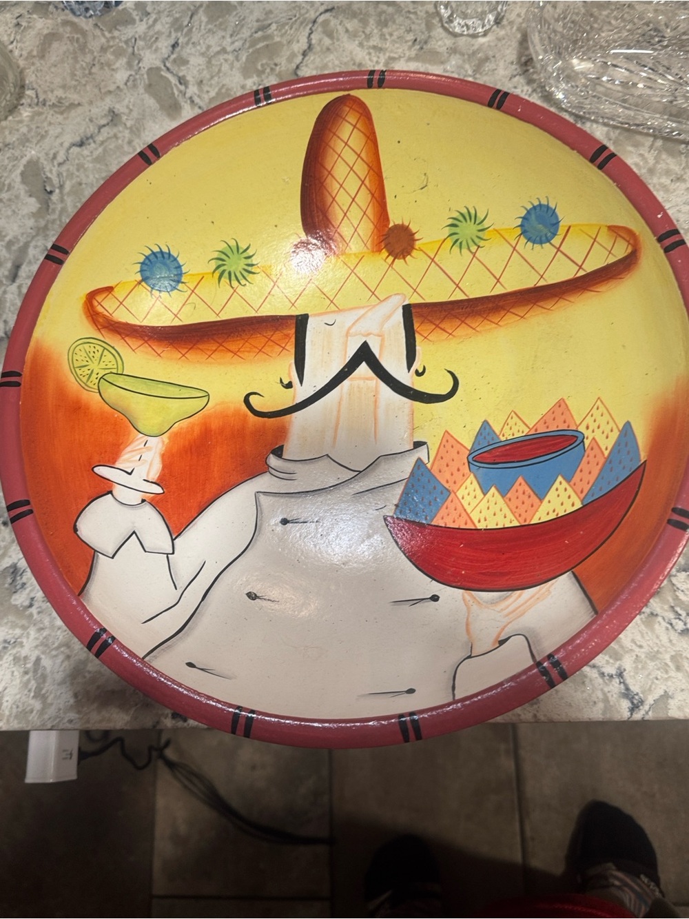 Hand-Painted Sombrero Chef Serving Platter - Yellow & Red 14 inches